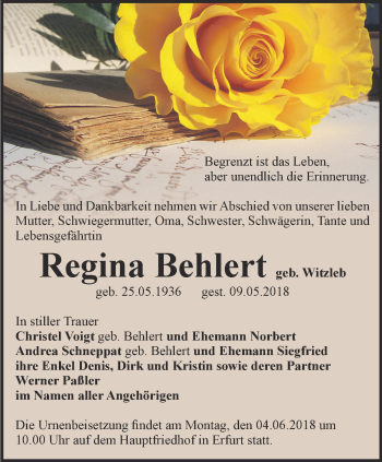 Traueranzeige von Regina Behlert von Thüringer Allgemeine, Thüringische Landeszeitung
