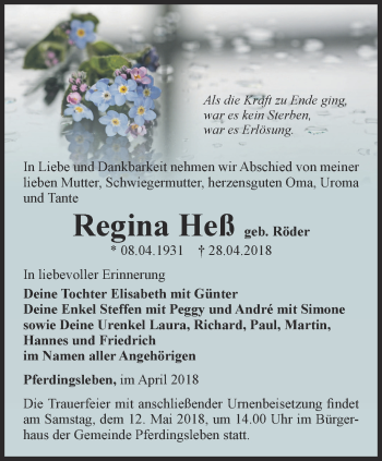 Traueranzeige von Regina Heß von Ostthüringer Zeitung, Thüringische Landeszeitung