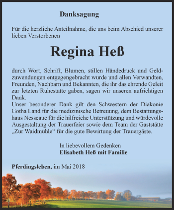 Traueranzeige von Regina Heß von Ostthüringer Zeitung, Thüringische Landeszeitung