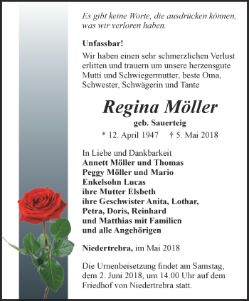 Traueranzeige von Regina Möller von Thüringer Allgemeine, Thüringische Landeszeitung