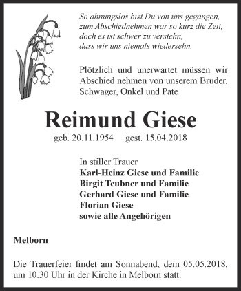 Traueranzeige von Reimund Giese von Thüringer Allgemeine, Thüringische Landeszeitung