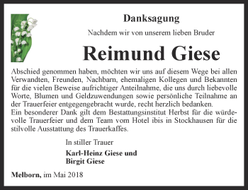 Traueranzeige von Reimund Giese von Thüringer Allgemeine, Thüringische Landeszeitung