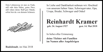Traueranzeige von Reinhardt Kramer von Ostthüringer Zeitung