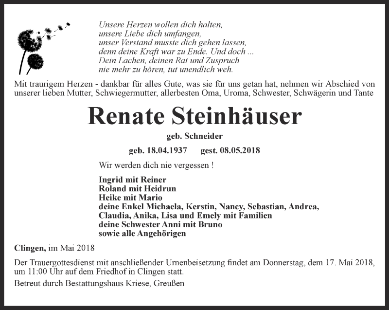  Traueranzeige für Renate Steinhäuser vom 12.05.2018 aus Thüringer Allgemeine