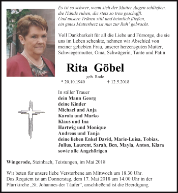 Traueranzeige von Rita Göbel von Thüringer Allgemeine