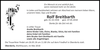 Traueranzeige von Rolf Breitbarth von Thüringer Allgemeine, Thüringische Landeszeitung