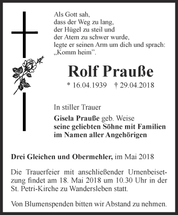 Traueranzeige von Rolf Prauße von Ostthüringer Zeitung, Thüringische Landeszeitung