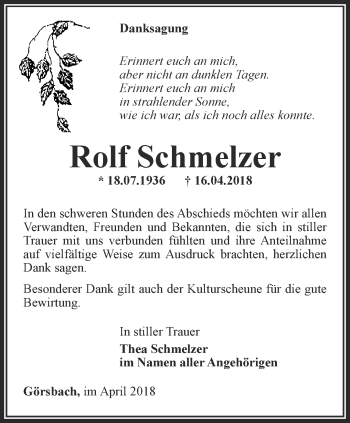 Traueranzeige von Rolf Schmelzer von Thüringer Allgemeine