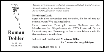 Traueranzeige von Roman Döhler von Ostthüringer Zeitung