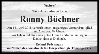 Traueranzeige von Ronny Büchner von Ostthüringer Zeitung, Thüringische Landeszeitung