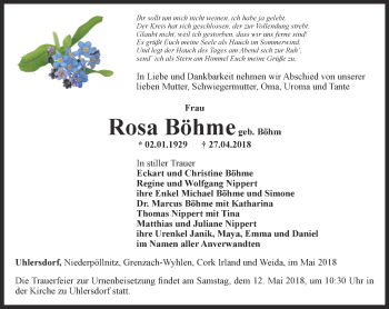 Traueranzeige von Rosa Böhme von Ostthüringer Zeitung