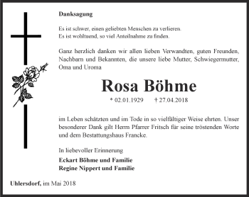 Traueranzeige von Rosa Böhme von Ostthüringer Zeitung