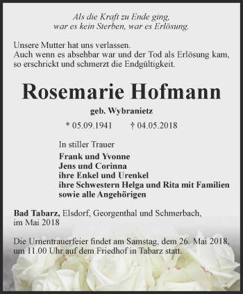 Traueranzeige von Rosemarie Hofmann von Ostthüringer Zeitung, Thüringische Landeszeitung