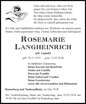 Traueranzeige von Rosemarie Langheinrich von Ostthüringer Zeitung