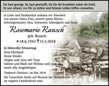 Traueranzeige von Rosemarie Rausch von Ostthüringer Zeitung, Thüringische Landeszeitung