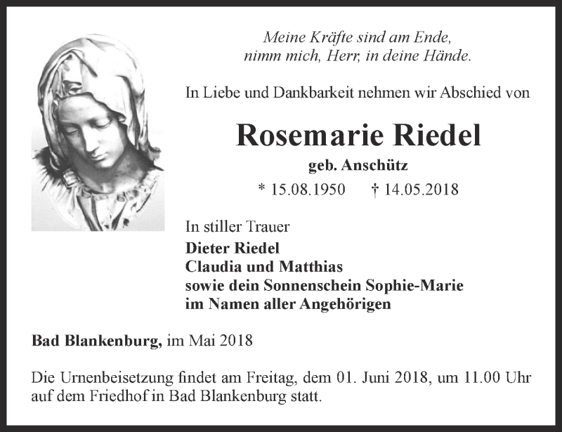  Traueranzeige für Rosemarie Riedel vom 26.05.2018 aus Ostthüringer Zeitung