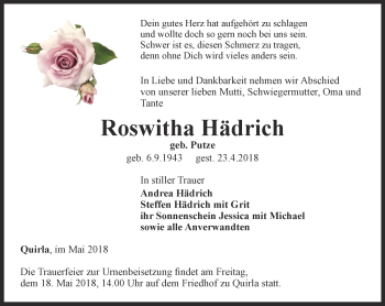 Traueranzeige von Roswitha Hädrich von Ostthüringer Zeitung