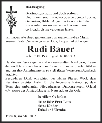 Traueranzeige von Rudi Bauer