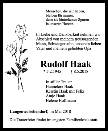 Traueranzeige von Rudolf Haak von Ostthüringer Zeitung