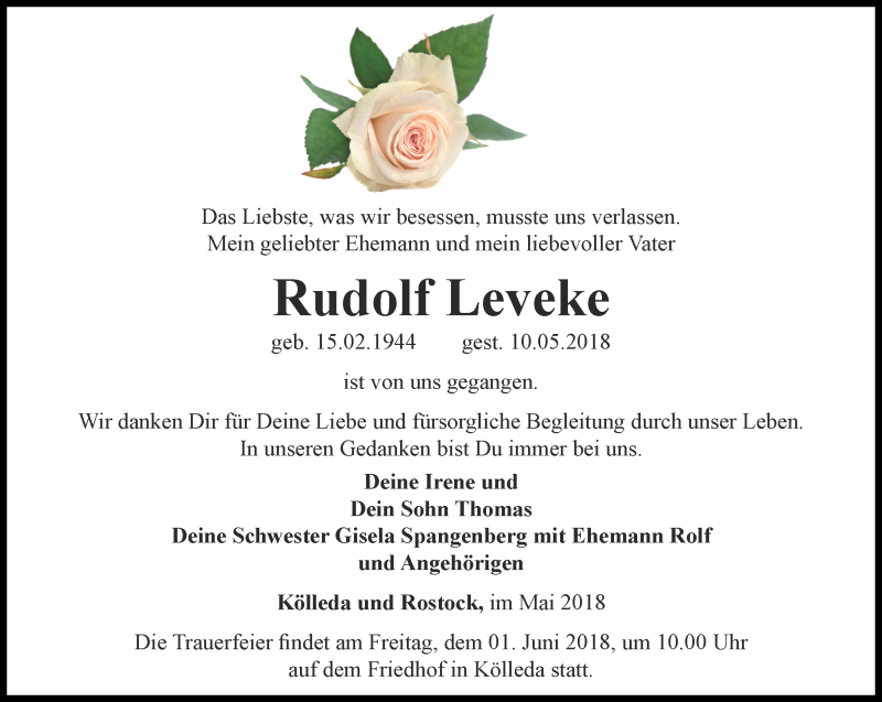  Traueranzeige für Rudolf Leveke vom 18.05.2018 aus Thüringer Allgemeine