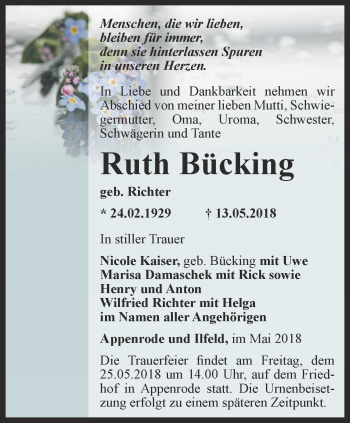 Traueranzeige von Ruth Bücking  von Thüringer Allgemeine