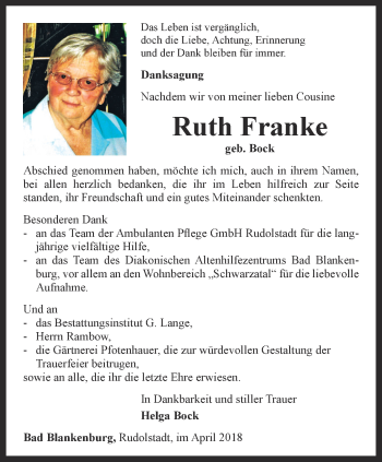 Traueranzeige von Ruth Franke