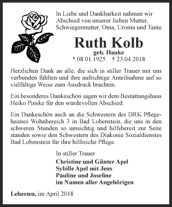 Traueranzeige von Ruth Kolb von Ostthüringer Zeitung