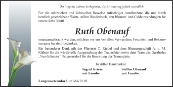 Traueranzeige von Ruth Obenauf von Ostthüringer Zeitung