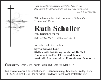 Traueranzeige von Ruth Schaller von Ostthüringer Zeitung