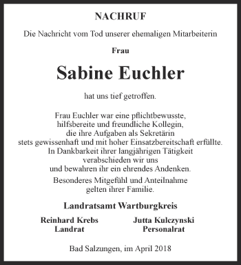 Traueranzeige von Sabine Euchler von Thüringer Allgemeine, Thüringische Landeszeitung