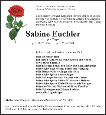 Traueranzeige von Sabine Euchler von Thüringer Allgemeine, Thüringische Landeszeitung