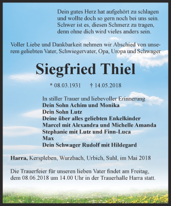 Traueranzeige von Siegfried Thiel von Ostthüringer Zeitung