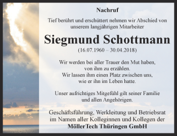 Traueranzeige von Siegmund Schottmann von Ostthüringer Zeitung, Thüringische Landeszeitung