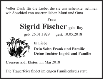 Traueranzeige von Sigrid Fischer von Ostthüringer Zeitung