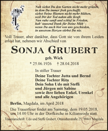 Traueranzeige von Sonja Grubert von Thüringer Allgemeine, Thüringische Landeszeitung