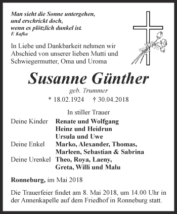 Traueranzeige von Susanne Günther von Ostthüringer Zeitung