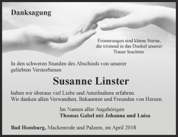 Traueranzeige von Susanne Linster von Thüringer Allgemeine