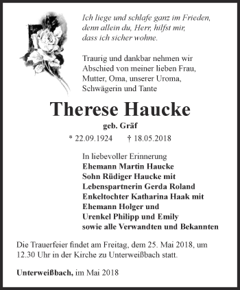 Traueranzeige von Therese Haucke von Ostthüringer Zeitung
