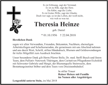 Traueranzeige von Theresia Heinze von Thüringer Allgemeine, Thüringische Landeszeitung