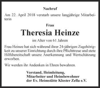Traueranzeige von Theresia Heinze von Thüringer Allgemeine, Thüringische Landeszeitung