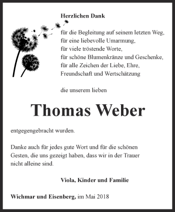 Traueranzeige von Thomas Weber von Ostthüringer Zeitung, Thüringische Landeszeitung