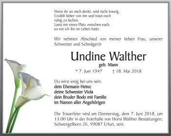 Traueranzeige von Undine Walther von Thüringer Allgemeine, Thüringische Landeszeitung