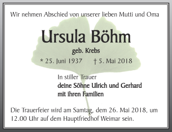 Traueranzeige von Ursula Böhm von Thüringer Allgemeine, Thüringische Landeszeitung