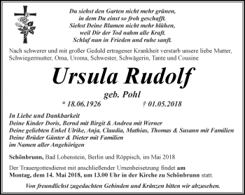 Traueranzeige von Ursula Rudolf von Ostthüringer Zeitung