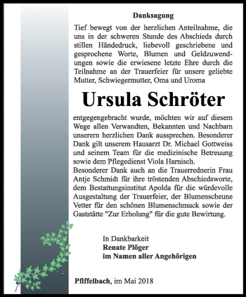 Traueranzeige von Ursula Schröter von Thüringer Allgemeine, Thüringische Landeszeitung