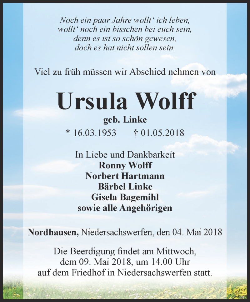  Traueranzeige für Ursula Wolff vom 04.05.2018 aus Thüringer Allgemeine