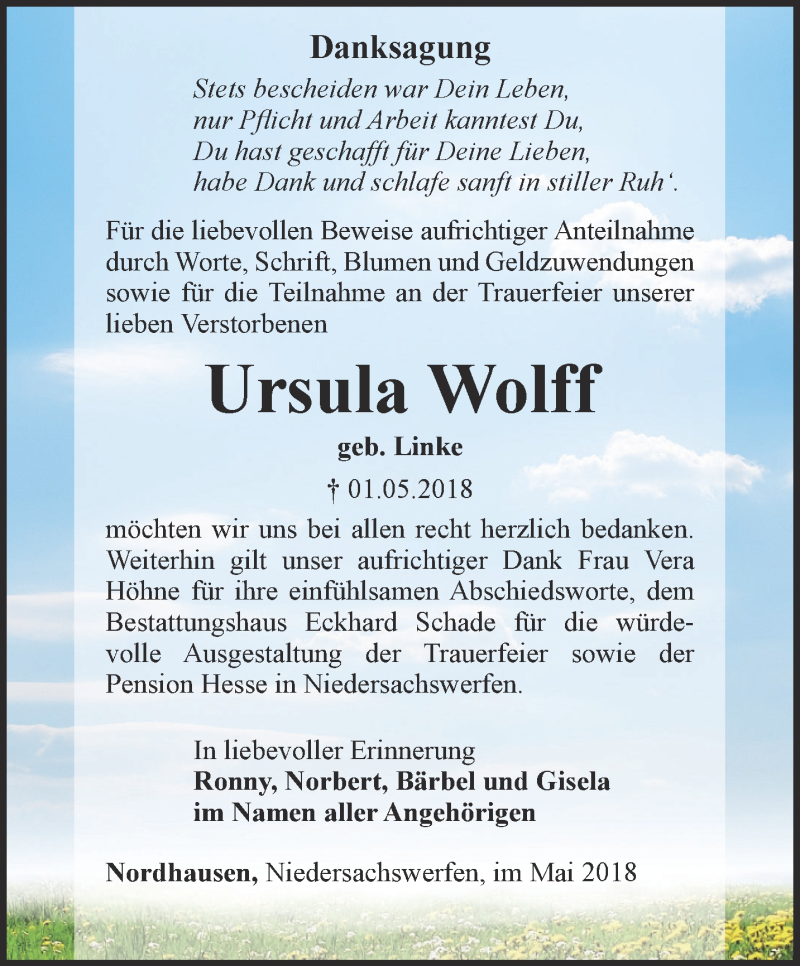  Traueranzeige für Ursula Wolff vom 23.05.2018 aus Thüringer Allgemeine