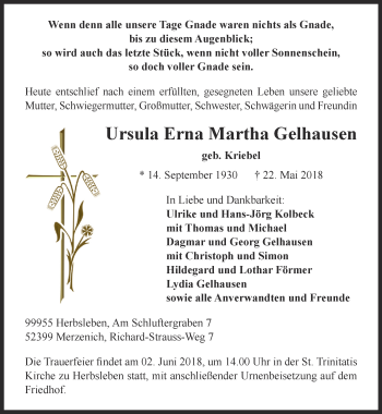 Traueranzeige von Ursula Erna Martha Gelhausen von Thüringer Allgemeine, Thüringische Landeszeitung