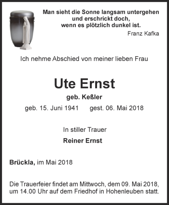 Traueranzeige von Ute Ernst von Ostthüringer Zeitung
