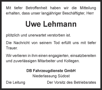 Traueranzeige von Uwe Lehmann von Thüringer Allgemeine, Thüringische Landeszeitung